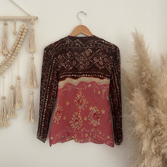 batik boho chiffon silk beaded top bohemian v neck blouse - Picture 16 of 16